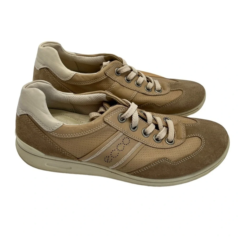 Ecco Mobile II Womens Beige Leather Lace Up Perforated Sneakers Shoes